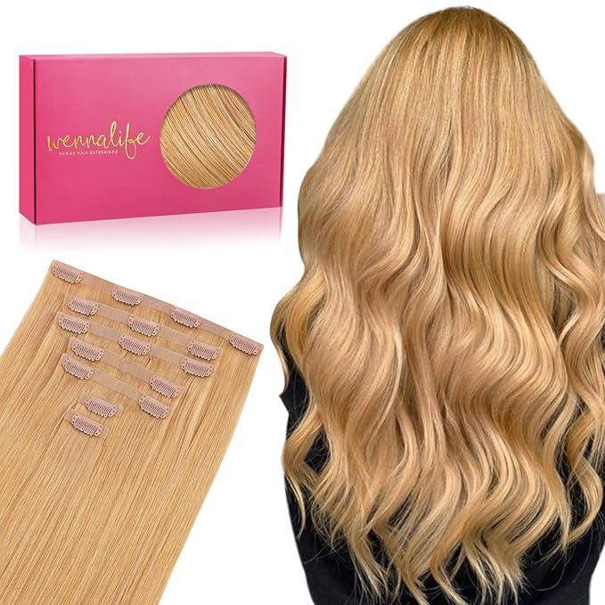 WENNALIFE Seamless Clip In Hair Extensions Human Hair, 18 Inch 130g 7pcs Strawberry Blonde Real Hair Extensions Clip in Human Hair Invisible PU Skin Weft Natural Remy Human Hair Extensions