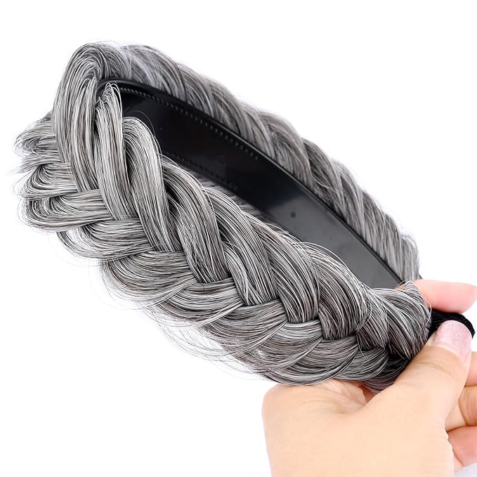 DIGUAN Wide Messy Braided Headband With Teeth Synthetic Hair Plaited Headband High Elasticity Braids Chunky Fishtail Braided Hair Band Hairpiece for Girls Women Beauty Accessory (Salt Pepper)