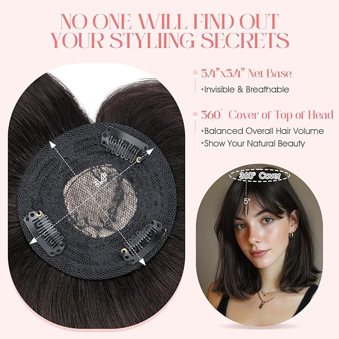 Hairro Mono Hair Toppers with Bangs, 3.4" x 3.4" Mono Base 100% Real Human Hairpieces for Women, 150% Density Clips In Topper for Greyish Thinning Hair, 6 Inch Natural Black