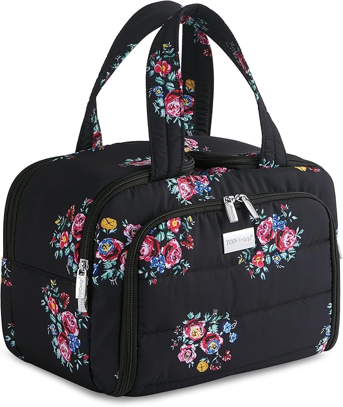 TOPDesign Travel Toiletry Bag for Women, Puffer Large Toiletry Bag, Lightweight Cosmetic Makeup Organizer with Handle for Traveling, Accessories, Essentials, Toiletries (Flower)