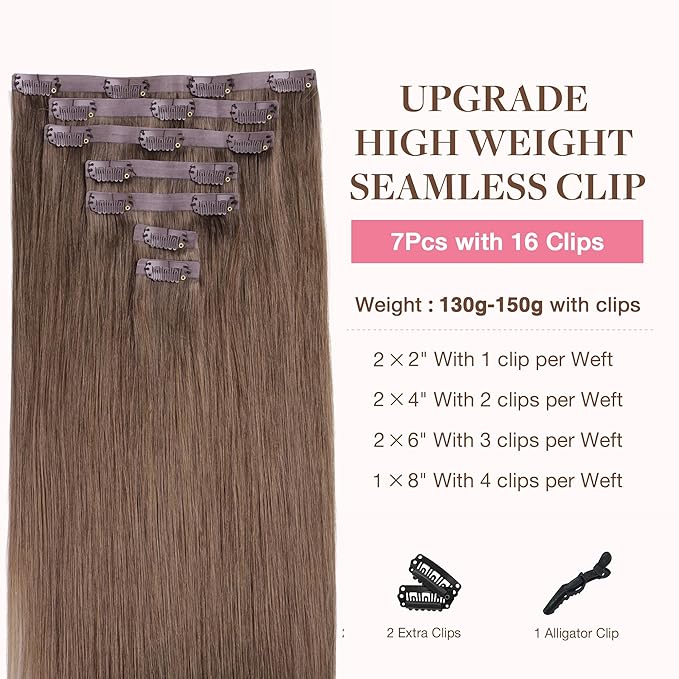 GOO GOO Clip in Hair Extensions Real Human Hair, Remy Human Hair Extensions Clip ins for Women, Natural Human Hair, 22inch 150g 7Pcs, 5 Light Ash Brown