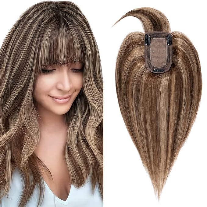 SEGO Hair Toppers for Women Real Human Hair with Thinning Hair, Toppers Hair Pieces Clip in Toppers Straight Hair Pieces with Front Bangs -14 Inch #4/27 Medium Brown Mix Dark Blonde