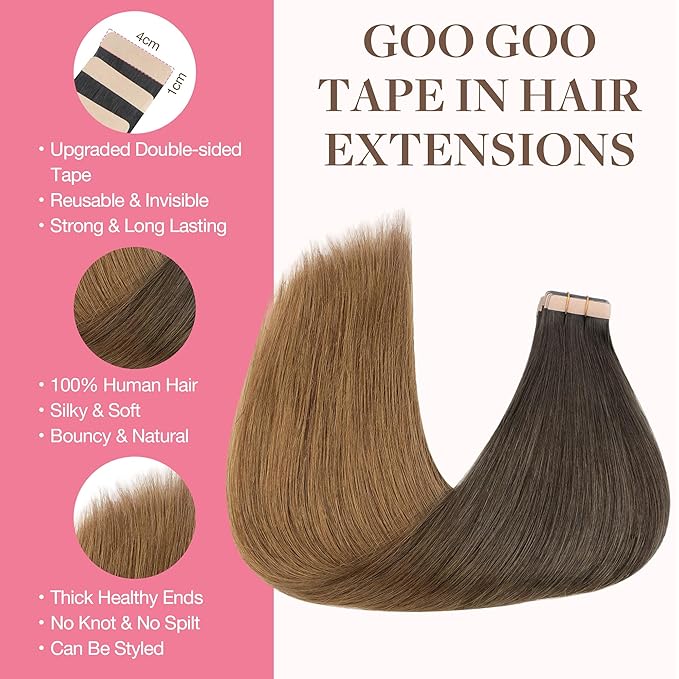 GOO GOO Tape in Hair Extensions Human Hair, 1D/2C/4E Chocolate Dip Color Melt, 14inch 100g 40pcs, Skin Weft Seamless Invisible, Silky Straight with Thick Ends, Remy Human Hair