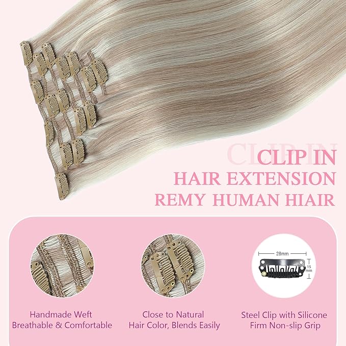 PINKPEARL Clip in Hair Extensions #18P1000 Ash Blonde Highlighted Gray Blonde 7pcs 18 Inch 120g Real Remy Hair Extensions Clip in Human Hair(#18P1000-18)