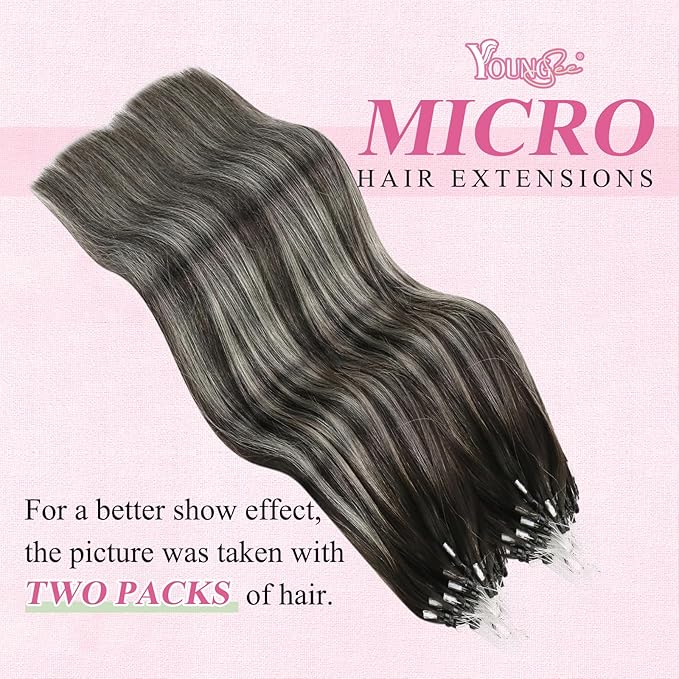 YoungSee Micro Link Hair Extensions Human Hair Ombre Micro Bead Hair Extensions Real Human Hair Silver with Black Balayage Microlink Hair Extension Cold Fusion Hair for Long Hair 22 Inch 50g 50s