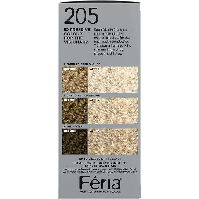 L'OrÃƒal Paris Feria Multi-Faceted Shimmering Permanent Hair Color, 205 Bleach Blonding (Extra Bleach Blonde), Pack of 1 kit Hair Dye