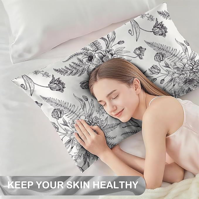 Satin Pillowcase 1 Pack-Black and White Peony Tulips Vintage Floral Silky Pillow Cover for Hair and Skin,King Size 20x36 Inch Soft Cooling Printed Pillow Cases with Hidden Zipper,Gifts for Women Men
