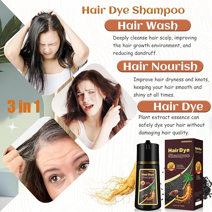 Dark Coffee Hair Dye Shampoo 3 in 1, Natural Brown Hair Color for Men & Women, Long Lasting Shampoo Para Canas for All Hair Types, Easy to Use Herbal Brown Dye, 16.9 Fl Oz (Dark coffee)