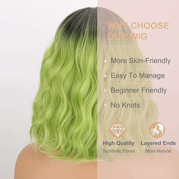 MISSQUEEN Short Green Wig with Bangs Women Girls Dark Roots Ombre Green Wigs Bob Style Heat Resistant Synthetic Natural Realistic Wig for Everyday Hairstyle Cosplay Party Halloween