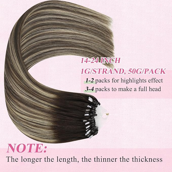 YoungSee Micro Bead Hair Extensions Real Human Hair Balayage Micro Ring Hair Extensions Human Hair Ombre Dark Brown to Blonde Beaded Hair Extension 22 Inch for Date Nights 50g 50s