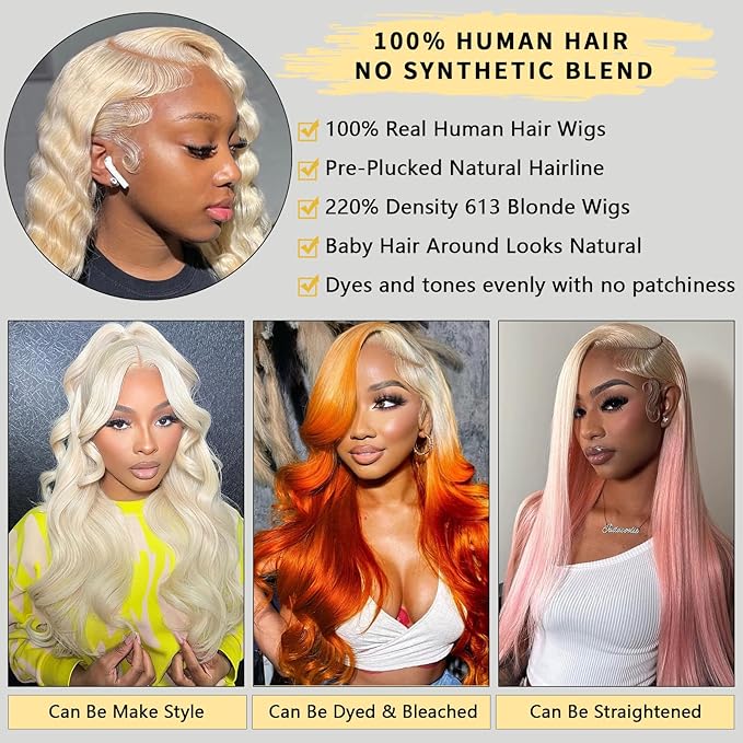 Blonde Lace Front Wig 28 Inch 13X6 613 220% Density Body Wave Glueless Wigs Human Hair Pre Plucked 100% Real Human Hair Triple Lifespan 3X No Tangle No Shedding No Synthetic