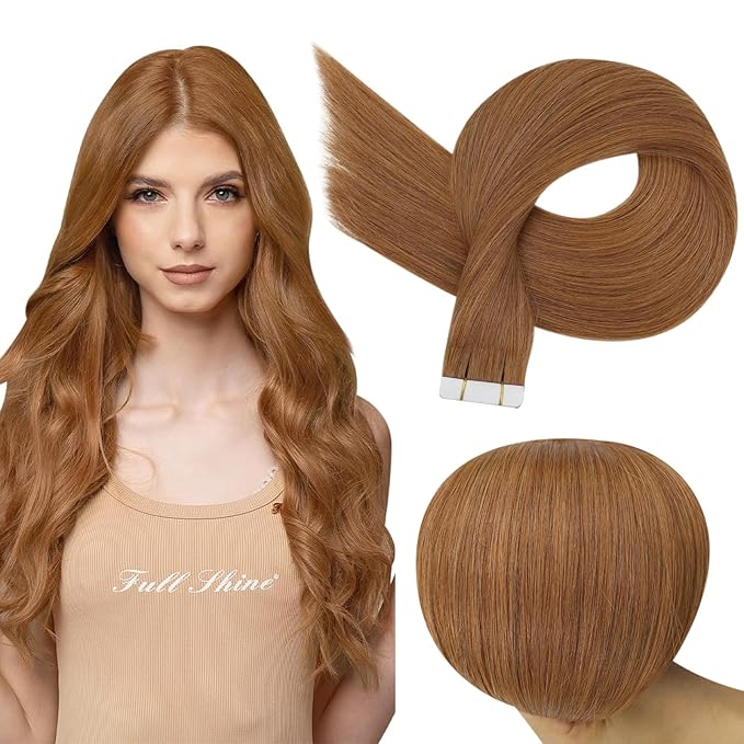 Full Shine Tape in Hair Extensions Human Hair Color 330 Copper Brown Tape in Extensions Human Hair Orange Seamless Skin Weft Invisible Extension for Women Add Length 22Inch 50G 20Pcs