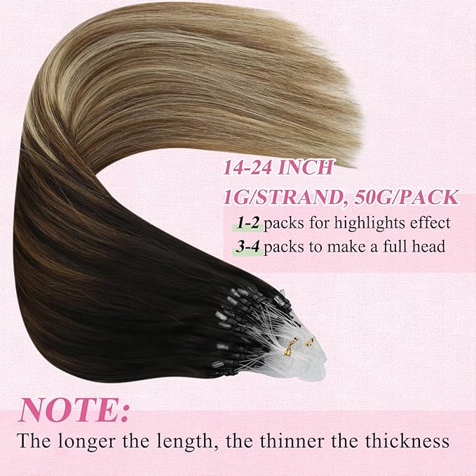 YoungSee Micro Loop Hair Extensions Real Human Hair Balayage 16In Micro Bead Hair Extensions Human Hair Dark Brown Ombre Blonde with Browns Beaded Hair Extension Soft and Silky for Prom 50g 50s