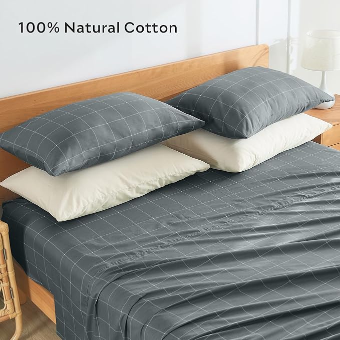 JELLYMONI 100% Natural Cotton Plaid King Pillowcases Set, 2 Pack Dark Gray with White Grid Geometric Pattern Printed Pillow Covers with Envelope Closure(Pillows are not Included)