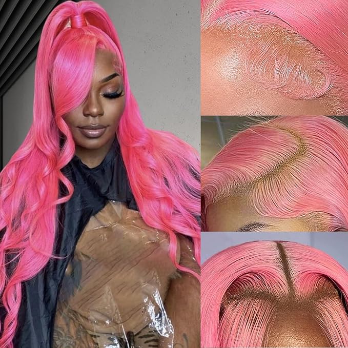 Pink Wig Human Hair 12A Body Wave Colored Wig Pre Plucked 13x4 Lace Front Wig 200 Density Pink Colored Hd Transparent Lace Frontal Wigs 30 Inch
