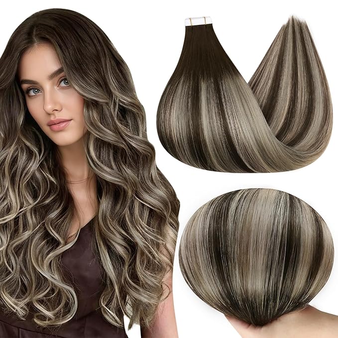 Full Shine Invisible Tape in Hair Extensions Human Hair Color 2/60/2 Brown and Blonde 12 Inch 30G 20Pcs Tape in Extensions Balayage Seamless Human Hair Extensions Brazilian for Women