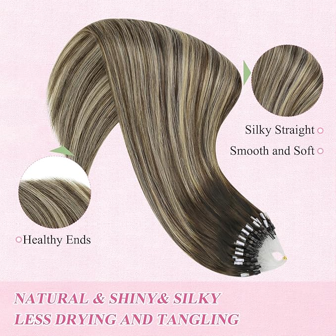 YoungSee Micro Bead Hair Extensions Real Human Hair Balayage Micro Ring Hair Extensions Human Hair Ombre Dark Brown to Blonde Beaded Hair Extension 22 Inch for Date Nights 50g 50s