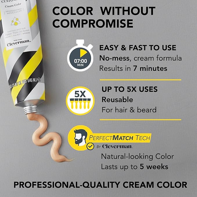 Reusable Hair & Beard Dye System for Men – Up to 5 Uses | 7-Minute Natural-Looking Gray Coverage | No-Drip Cream with SkinArmour® – Cleverman (Dark Brown for Black Men)