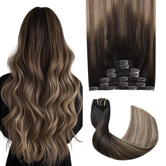 Pro2.0 Clip in Hair Extensions Real Human Hair 120g Thick 7pcs #1b/4/27 Natural Black to Chocolate Brown and Caramel Blonde Remy Real Human Hair Extensions Clip ins 14inch（#1b/4/27-14inch）