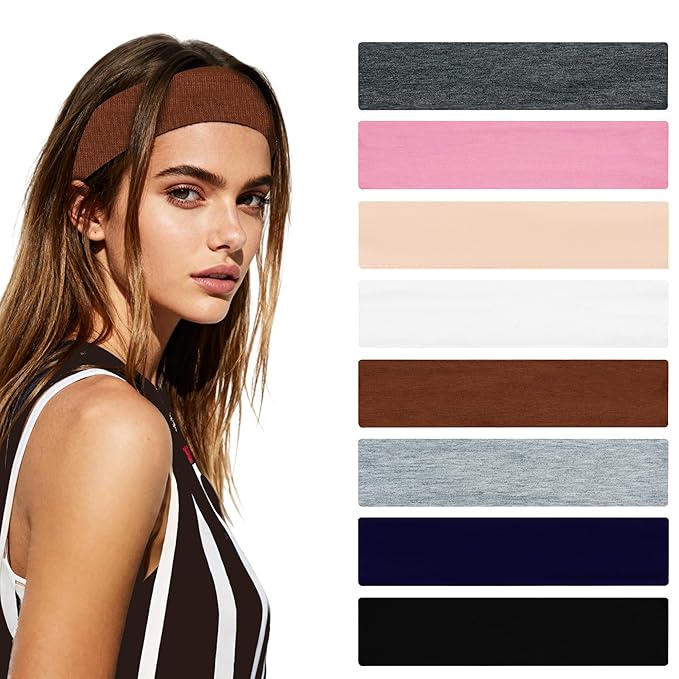 Headbands for Women Non Slip Elastic - 8 Pack Soft Cloth Athletic Headband, Fabric Workout Headbands Stretchy, Fashion Head Bands for Yoga Running Sports