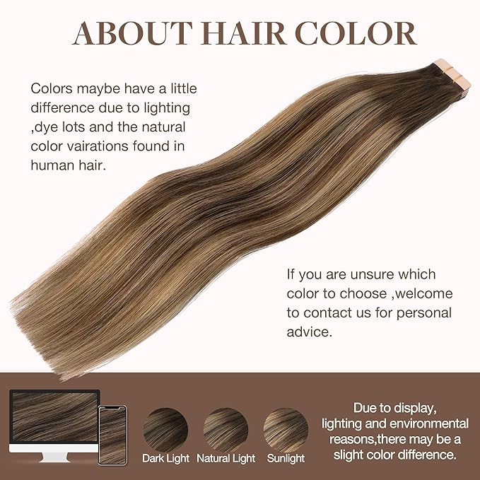 GOO GOO Tape in Hair Extensions Human Hair, 4/27/4 Balayage Chocolate Brown to Caramel Blonde, 22inch 50g 20pcs, Thick Ends Straight Seamless, Invisible