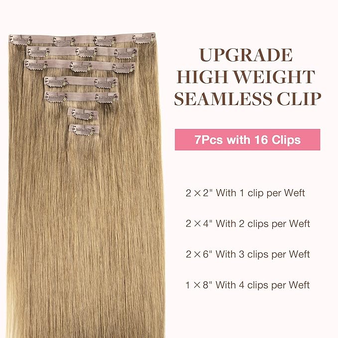 GOO GOO Clip in Hair Extensions Real Human Hair, Remy Human Hair Extensions Clip ins for Women, Natural Human Hair, 18inch 130g 7Pcs, 7 Bronde