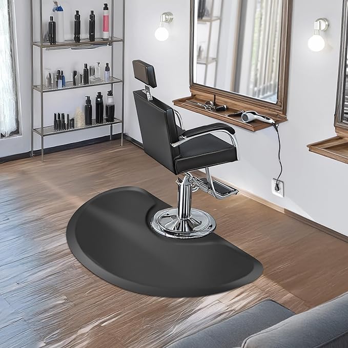 Saloniture 3 ft. x 5 ft. Salon & Barber Shop Chair Anti-Fatigue Floor Mat - Black Semi Circle - 1/2 in. Thick