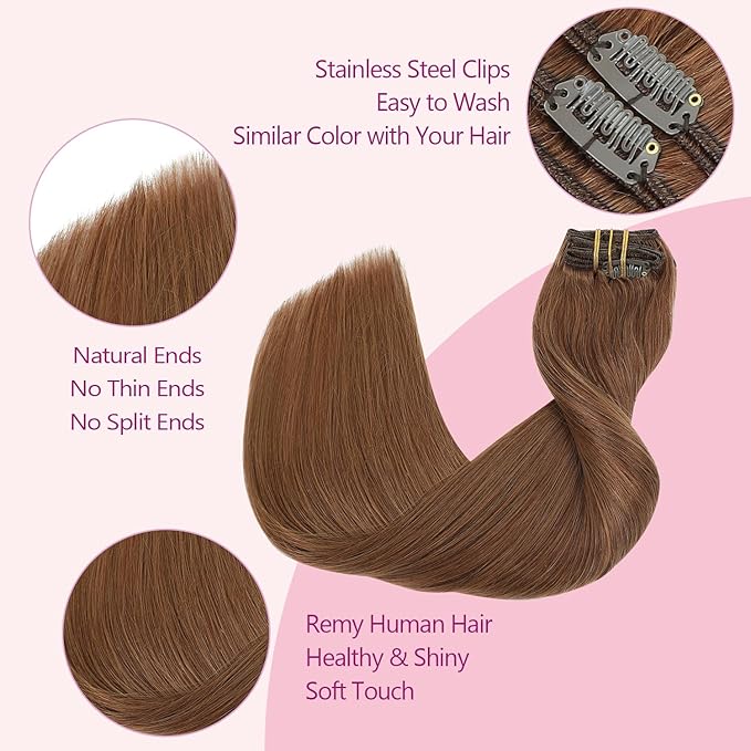 PINKPEARL Clip in Hair Extensions Real Human Hair, Remy Human Hair Extensions Clip ins for Women, Natural Human Hair, 20inch 120g 7Pcs, #33 Auburn(#33-20)