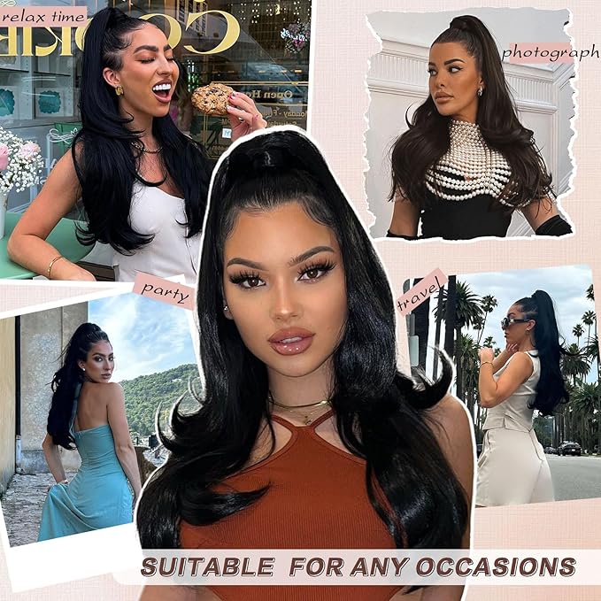 Ponytail Extension, 26 Inch Drawstring Ponytail Extension for Women Long Black Wavy Layered Pony Tails Hair Extensions Synthetic Clip in Ponytail Hairpiece for Women