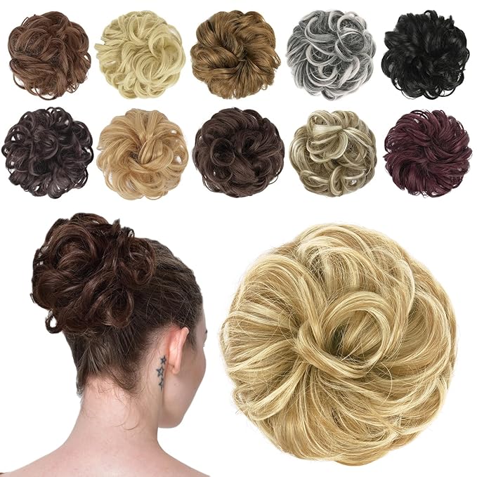 FESHFEN Messy Bun Hair Piece - Elastic Wavy Curly Hair Bun Scrunchies Extensions Synthetic Chignon Hairpieces for Women, Sunny Blonde 1.5 oz