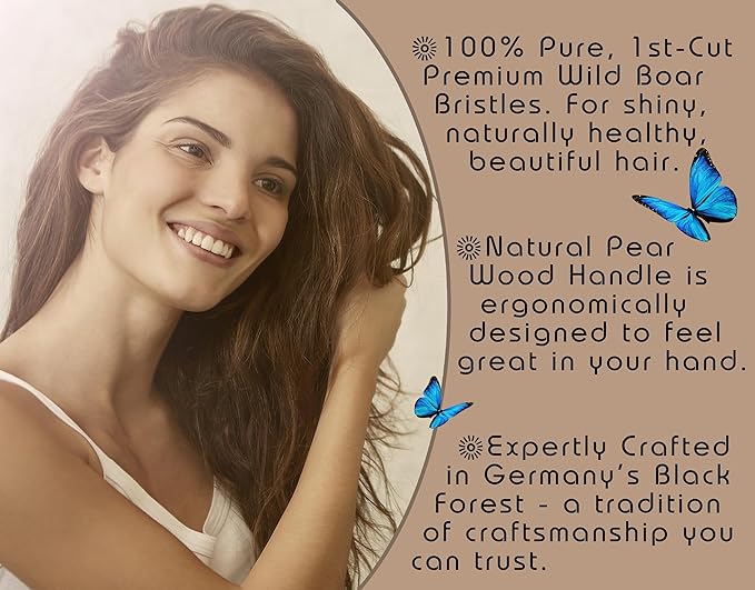 100% Pure Calcutta Boar Bristle Hairbrush for Natural Healthy Hair, Stiff Bristle, Made in Germany's Black Forest