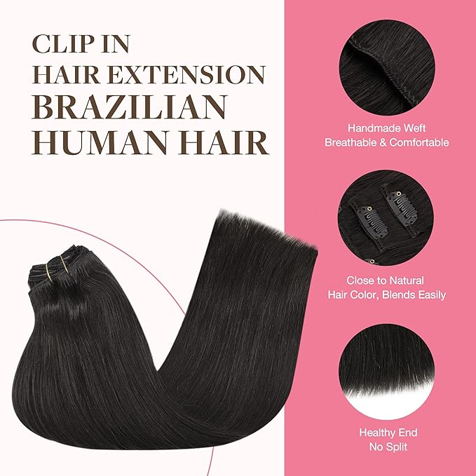 GOO GOO Clip in Hair Extensions Real Human Hair, Remy Human Hair Extensions Clip ins for Women, Natural Human Hair, 22inch 150g 9Pcs, 1B Natural black