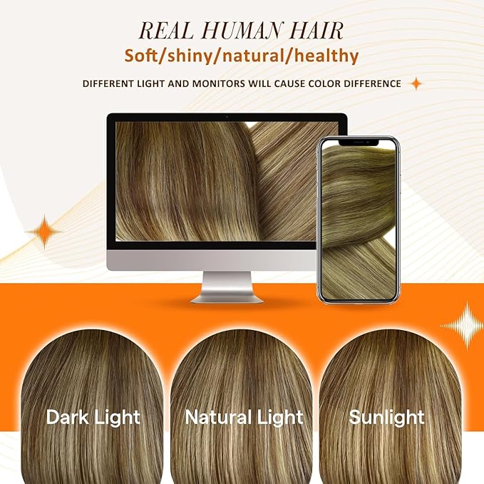 Full Shine Clip in Human Hair Extensions Balayage Seamless Clip ins Brown to Caramel Blonde and Platinum Blonde and Light Brown Hair Extension Clip ins 16 Inch 8 PCS 120 G