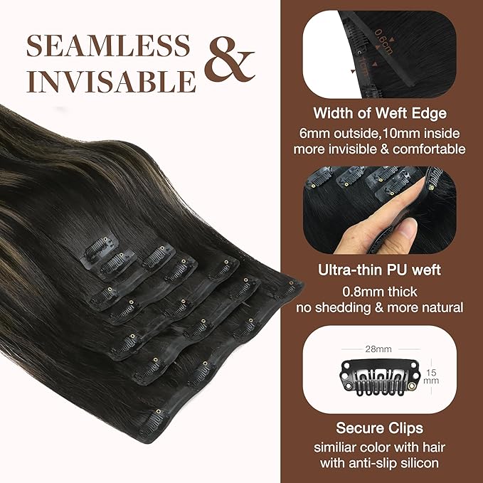 GOO GOO Clip in Hair Extensions Real Human Hair, Remy Human Hair Extensions Clip ins for Women, Natural Human Hair, 20inch 130g 7Pcs, #1B/6/1B Balayage Natural Black to Chestnut Brown
