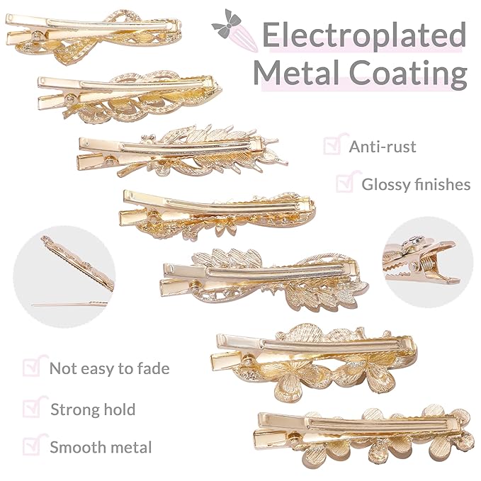 7 Pcs Gold Hair Clips for Women - Vintage Opal & Pearl Hair Barrettes with Rhinestone, Elegant Flower Butterfly Duckbill Alligator Clips, Bridal Wedding Hair Accessories for Thick Thin Hair Styling