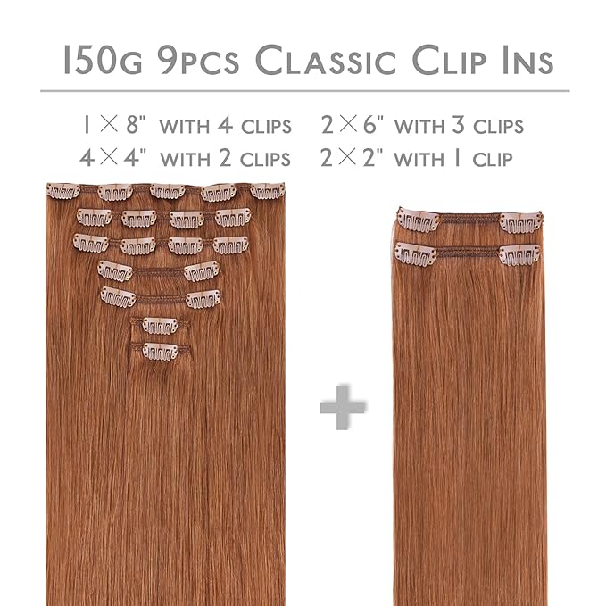 WENNALIFE Clip in Hair Extensions Real Human Hair, 22 Inch 150g 9pcs Human Hair Extensions Clip In Human Hair, Cinnamon Terra Copper Hair Extensions Clip In Real Hair Coloured Remy Human Hair Extensio