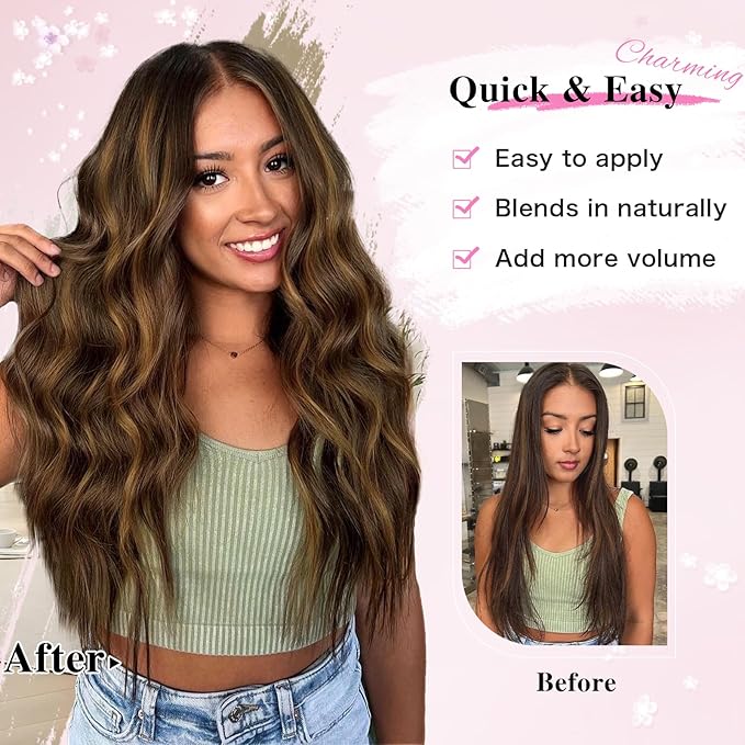 Clip in Hair Extensions for Women, 20 Inch Light Brown Hair Extensions Mix Blonde, 8PCS Curly Seamless Clip Ins Wavy, Synthetic Lace Weft Hairpieces for Daily Party Use