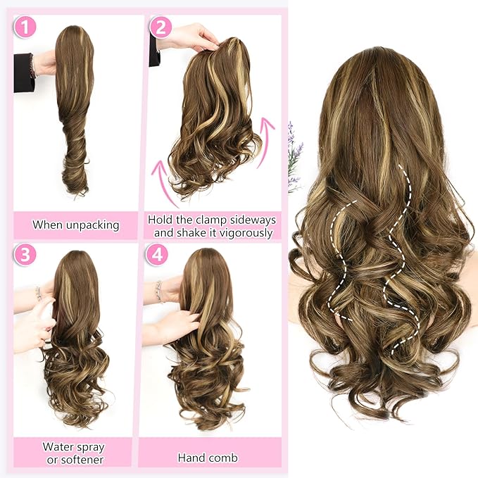 ALXNAN Ponytail Extension,18 Inch Claw Clip in Long Curly Wavy Chocolate Brown with Highlights Ponytail Hair Extension Jaw Clip on Pony Tails Hairpiece for Women