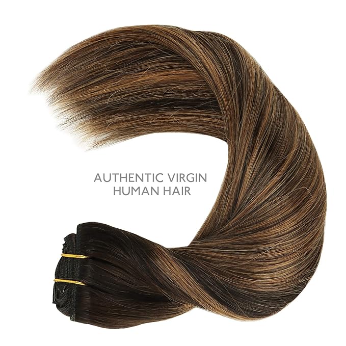WENNALIFE Clip in Hair Extensions, 150g 14 Inch 9pcs Balayage Natural Black to Chestnut Brown Remy Hair Thicker Double Weft Extensiones De Cabello Humano Con Clip Ins Straight Full Volume