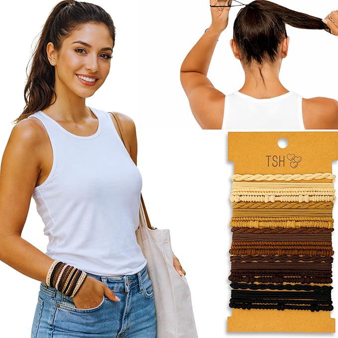 Boho Hair Ties, 20-Pack (4 Styles) Cute Elastic Bands for Thick or Thin Hair, No-Damage Stretch Bracelets, Brown Hair Accessories for Women & Girls (Boho Meadow)