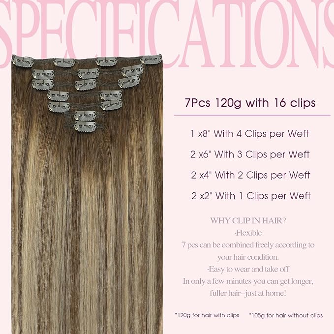 PINKPEARL Clip in Hair Extensions Human Hair, Remy Human Hair Clip ins for Women #4/27/4 Chocolate Brown to Caramel Blonde Balayage Clip Hair Extensions 7pcs 120g 18inch(#4/27/4-18)