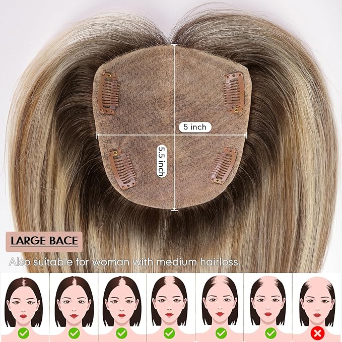 starluck Hair Toppers for Women with Bangs, 5"*5.5"Large Coverage Ombre Light Brown with Blond Highlight 100% Real Human Hair Toppers for Women with ThinningHair,Cover Gray HairRoots