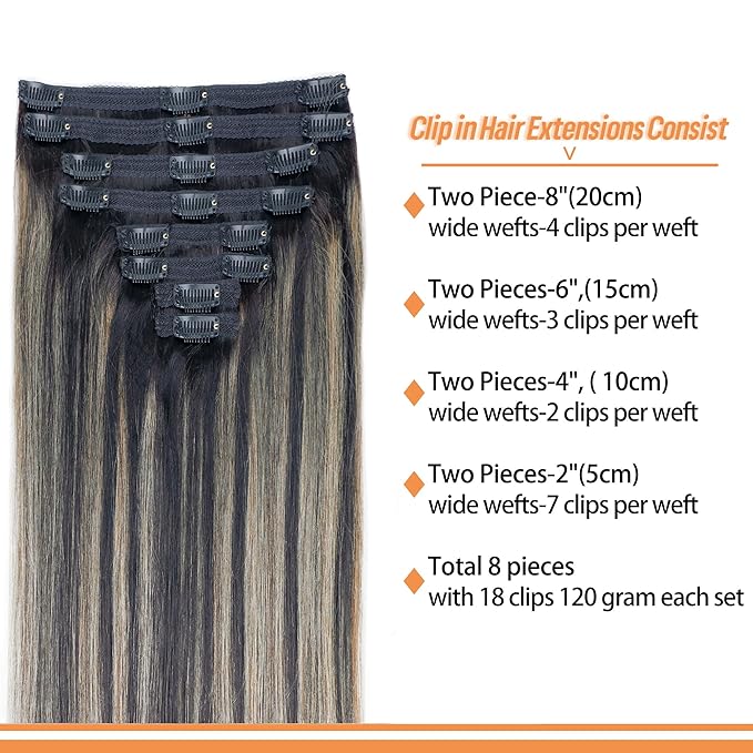 FB27 Balayage Clip In Hair Extensions Real Human Hair Straight Ombre Clip In Black to Blonde Human Hair Extensions Highlight Clip ins Remy Hair for Women 8Pcs with 18Clips Lace Weft 120g 24inch