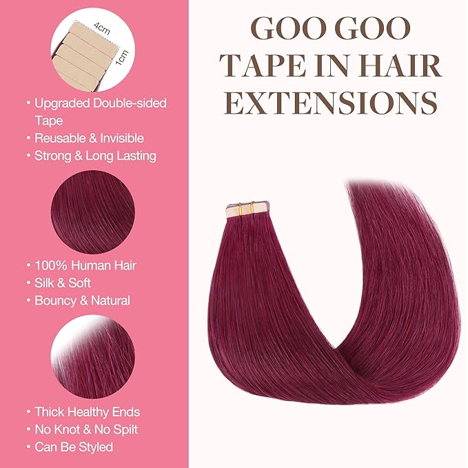 GOO GOO Tape in Hair Extensions Human Hair, Burgundy, 10inch 30g 20pcs, Skin Weft Seamless Invisible, Silky Straight with Thick Ends, Remy Human Hair