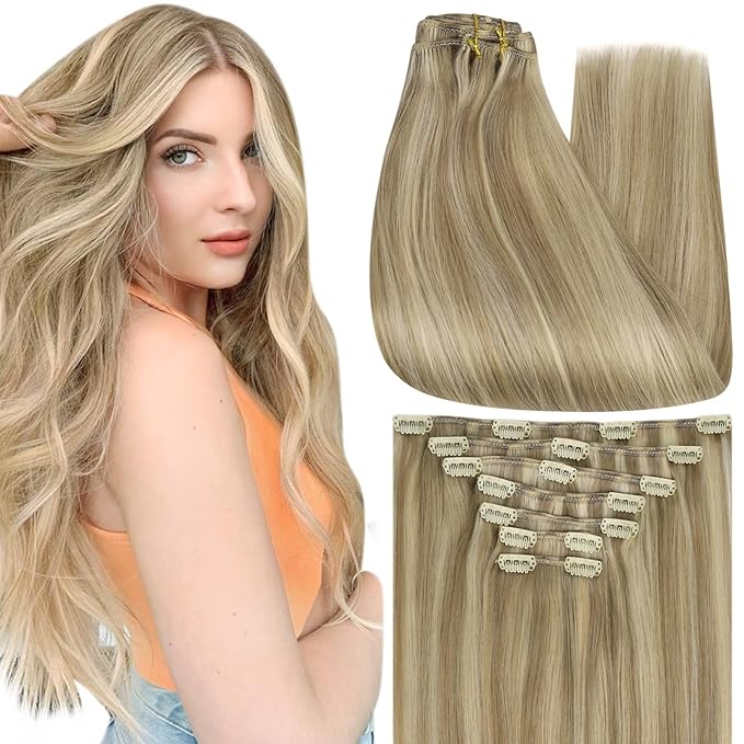 Full Shine Clip on Human Hair Extensions Blonde 14 Inch Hair Extensions Clip ins Real Human Hair Golden Blonde Highlights Light Blonde 120 G 7 Pcs
