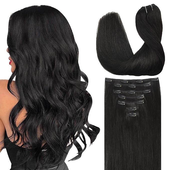 GOO GOO Clip in Hair Extensions Real Human Hair, Remy Human Hair Extensions Clip ins for Women, Natural Human Hair, 16inch 160g 7Pcs, #1B Natural Black