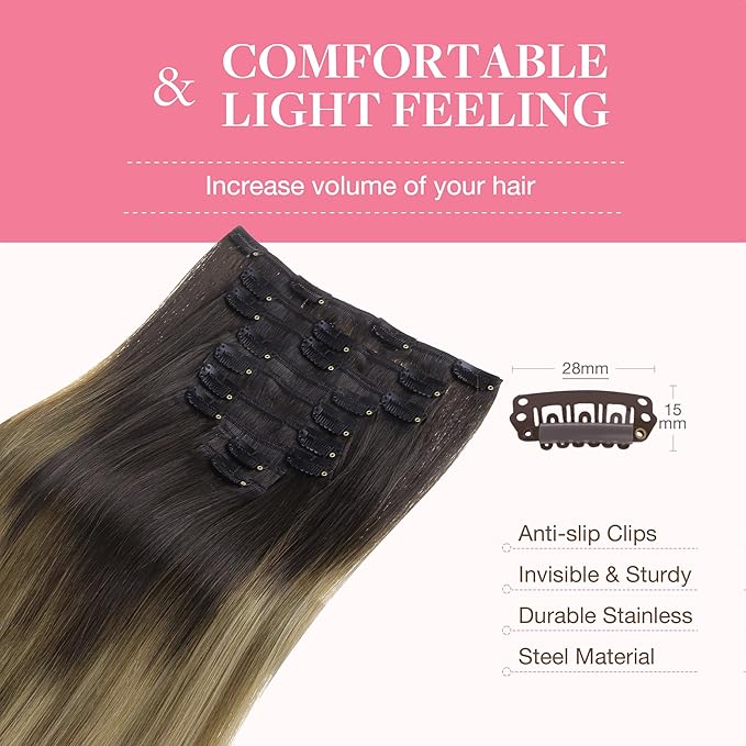 GOO GOO Clip in Hair Extensions Real Human Hair, Remy Human Hair Extensions Clip ins for Women, Natural Human Hair, 18inch 150g 9Pcs, 2/6/18 Balayage Brown to Dirty Blonde