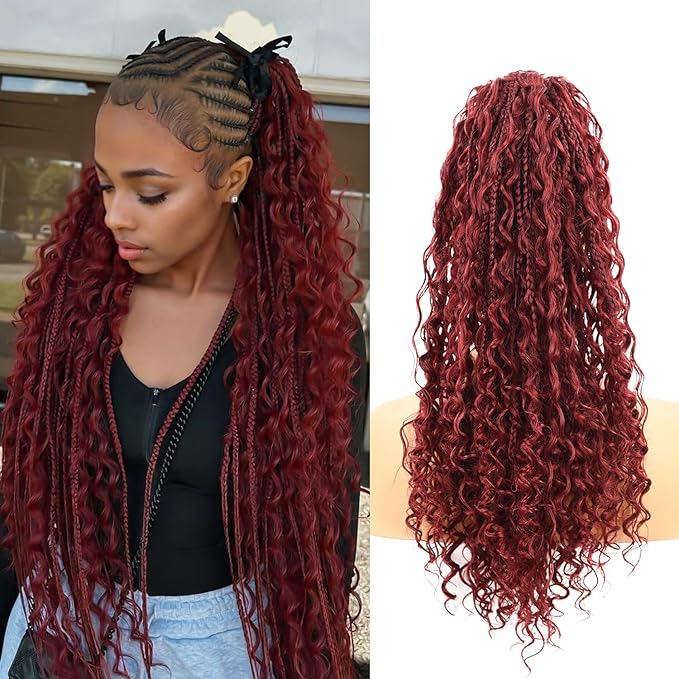 Drawstring Ponytail for Women Boho Box Braids with Long Wavy Hair Ponytail Extension Synthetic Hair Extensions Ponytail for Daily Use (BUG#, 18 Inch)