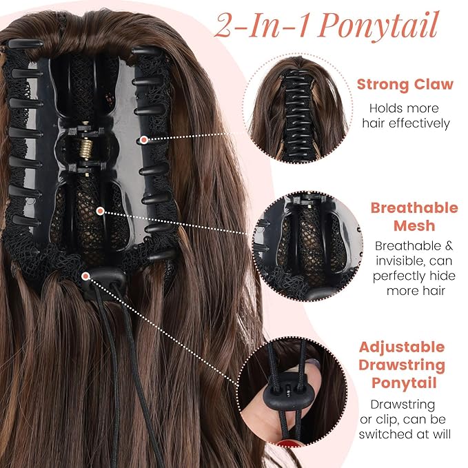 Claw Clip Ponytail Extension 18 Inch Curly Wavy Ponytail Extension Jaw Clip on Pony Tails Hairpiece for Women Fluffy Natural Synthetic for Daily Use (Dark Brown Mixed Honey Brown)