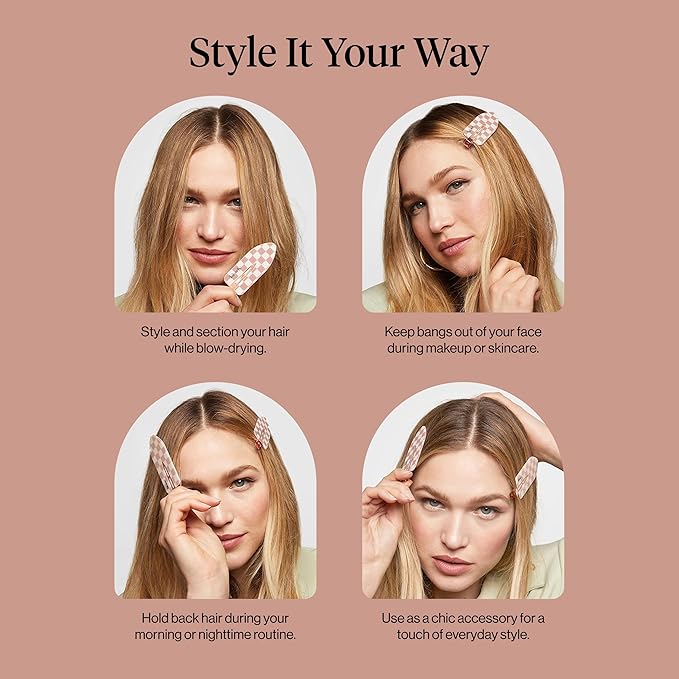 Kitsch Creaseless Hair Clips for Women - No Crease, No Bend Hair Clips for Styling, Bangs, Makeup Application, Face Wash | Recycled Acrylic - Checkered Terracotta | Ideal Gifts for Women, 2pcs